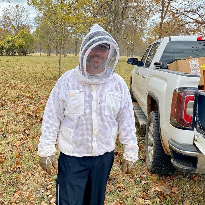Suited up for a hive check